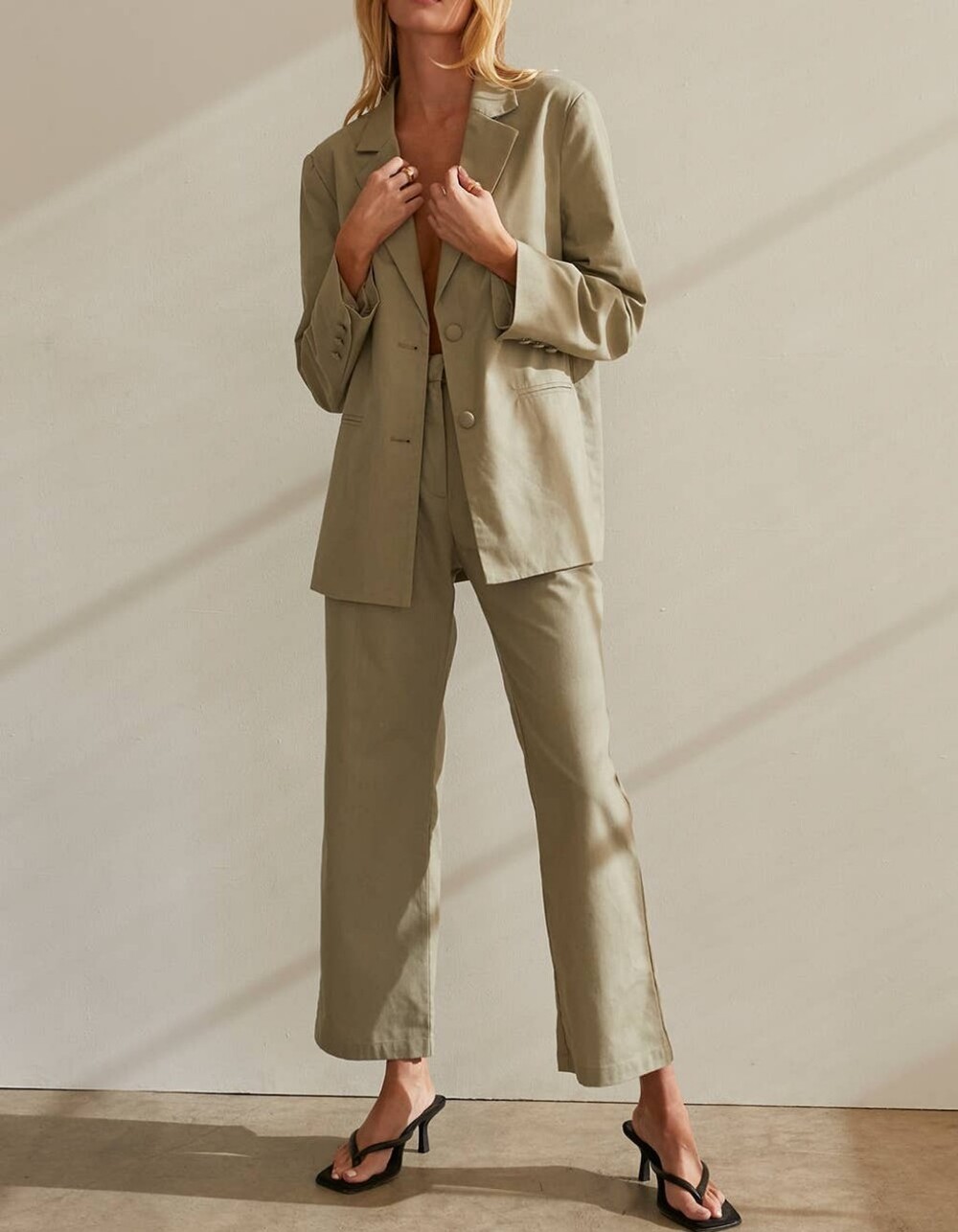 Crescent Relaxed Linen Blend Olive Wide-Leg Blazer And Trousers Set